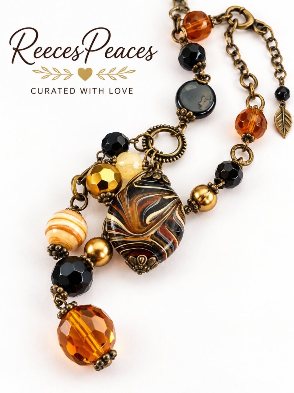 Artisan Lampwork-Style Glass Beaded Necklace | Amber Black Bronze